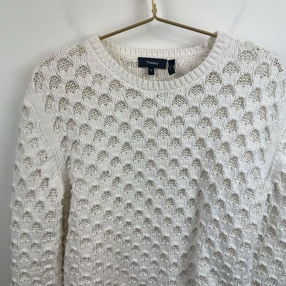 Theory White Open Knit Pullover Sweater Cotton Size M - Picture 6 of 8